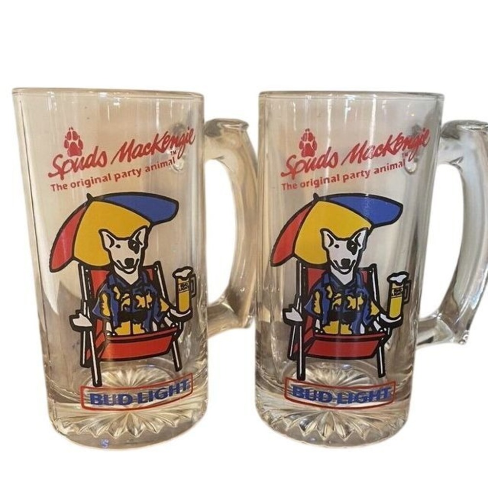 Vintage 1987 Spuds MacKenzie Bud Light Beer Mugs Set of 2 Party Animal Glass Mug